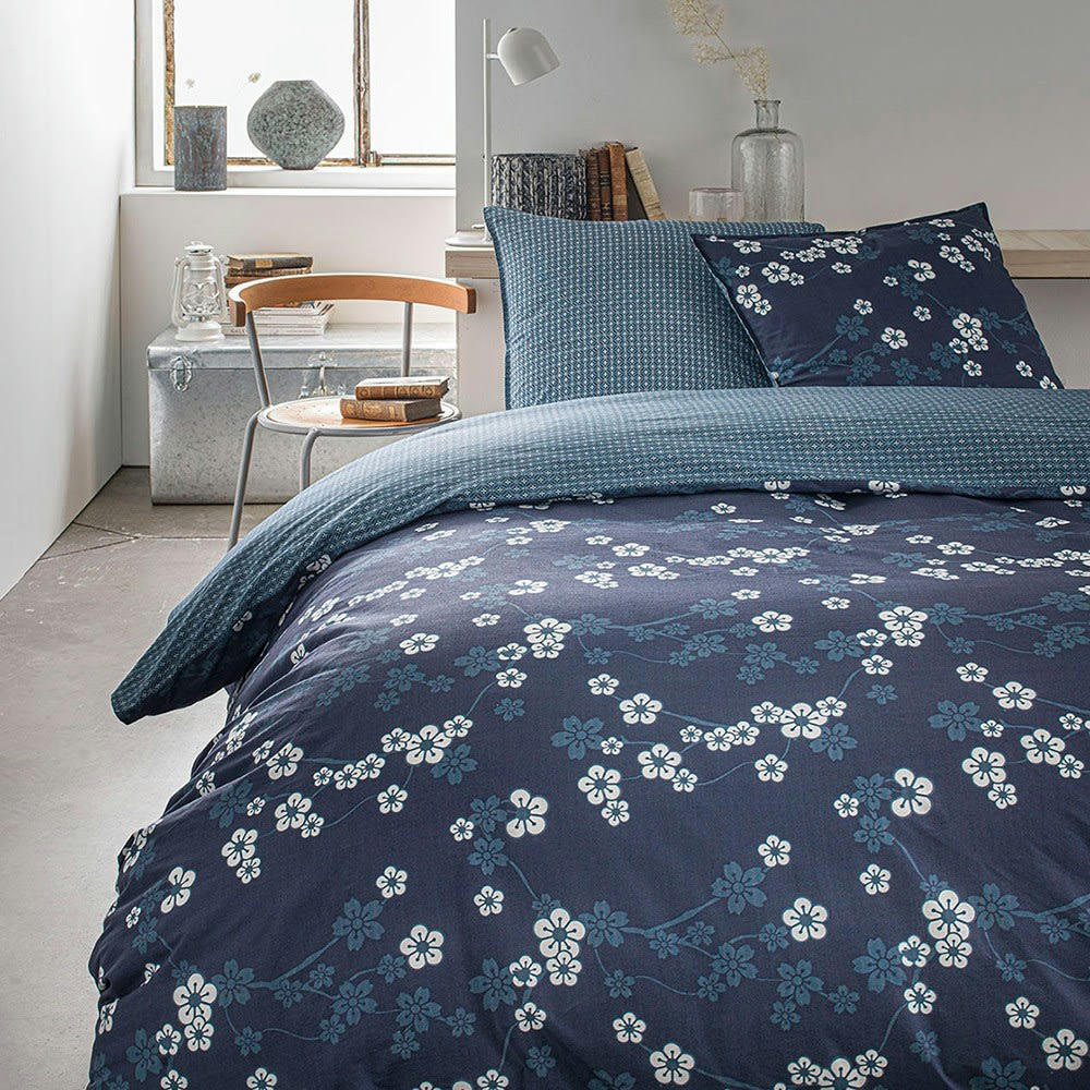 SUNSHINE - Parure de lit 2 personnes imprimé floral en Coton Bleu 220x240 cm