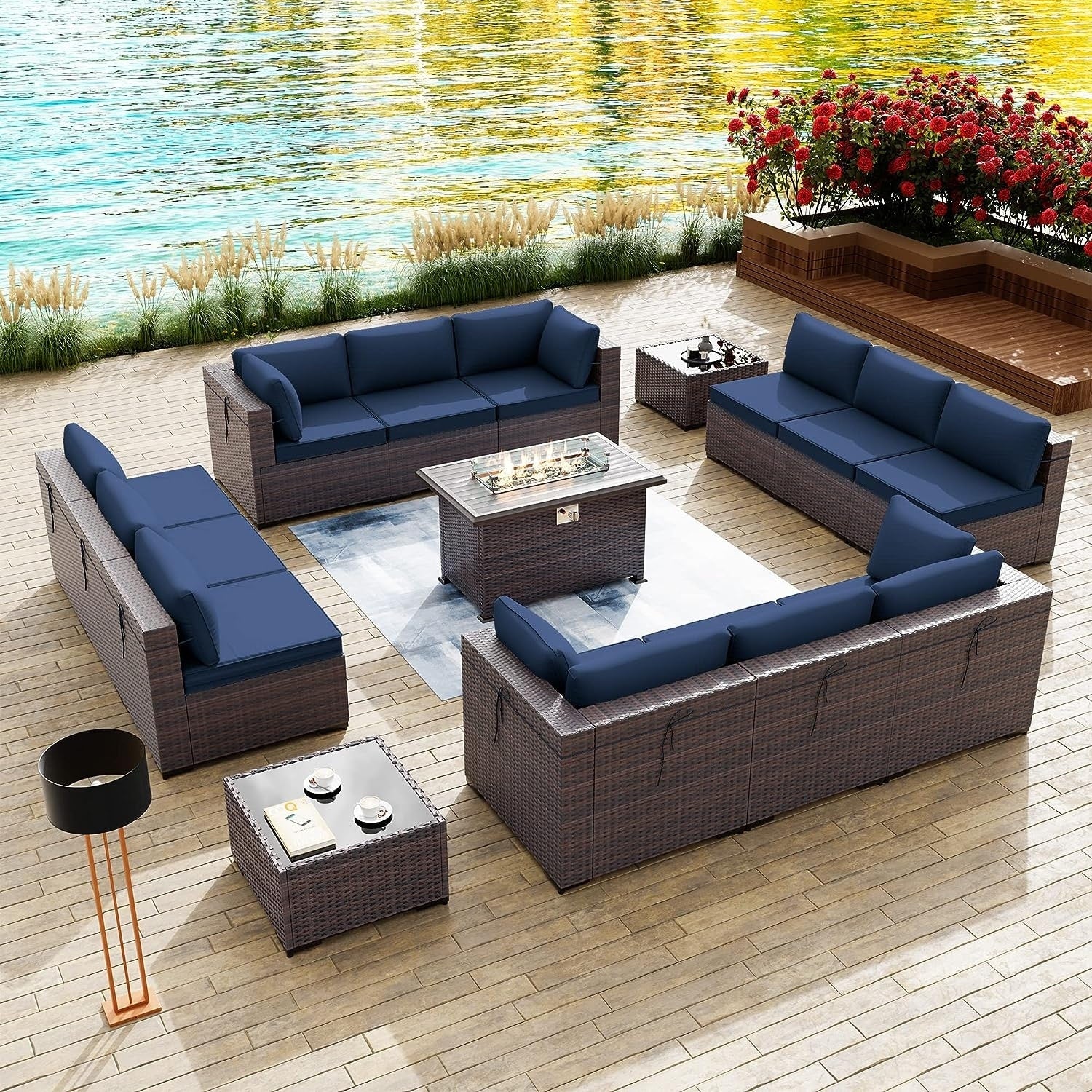 Kullavik 15 Pieces Outdoor Patio Furniture Set with Fire Pit Table