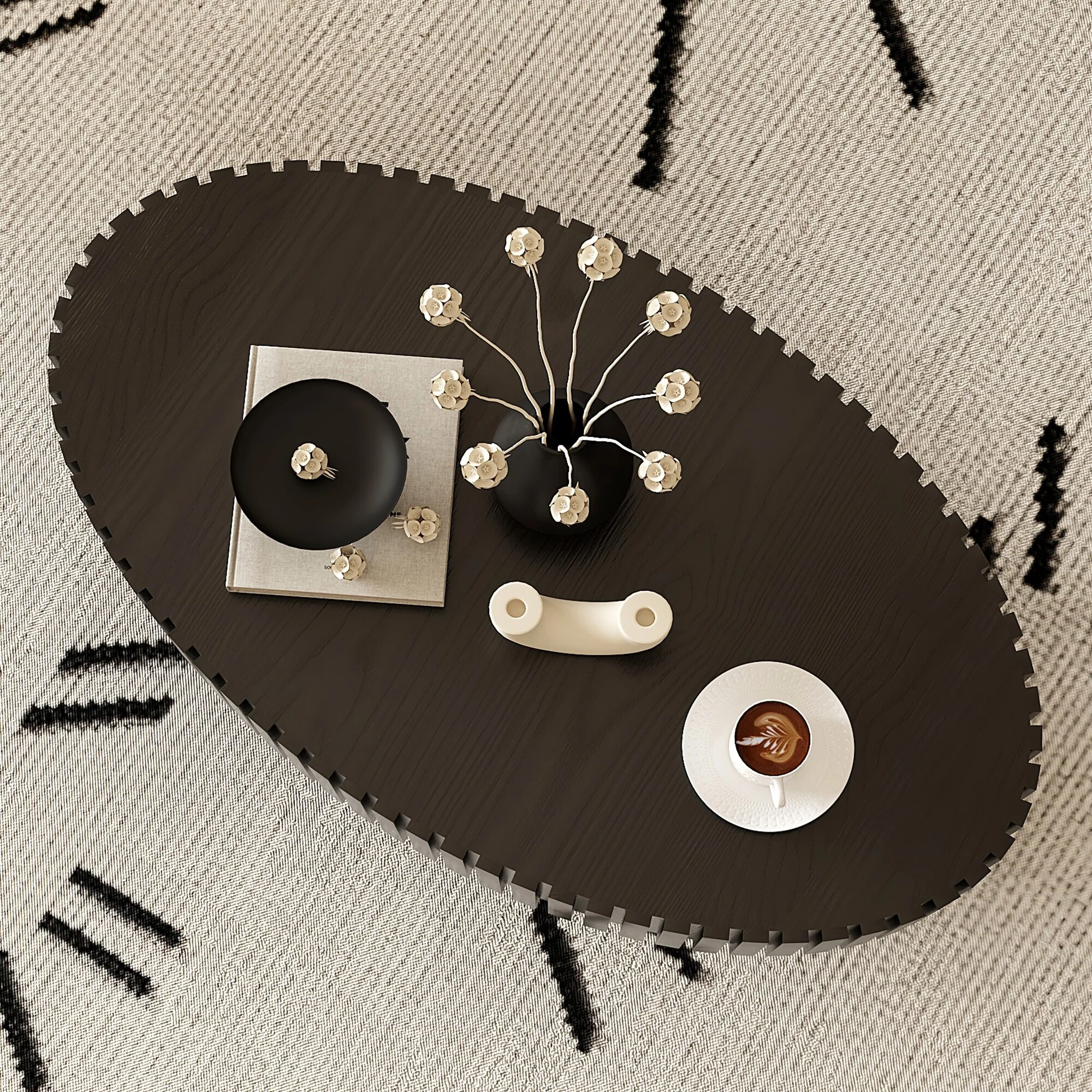 Oval Coffee Table Handcrafted Relief Sturdy Pedestal Wooden Olive-Shaped Tea Table