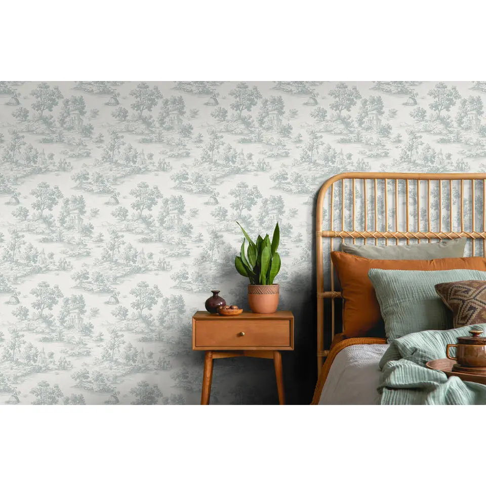 Sanders & Sanders behang toile de jouy print lichtblauw - 53 cm x 10 m