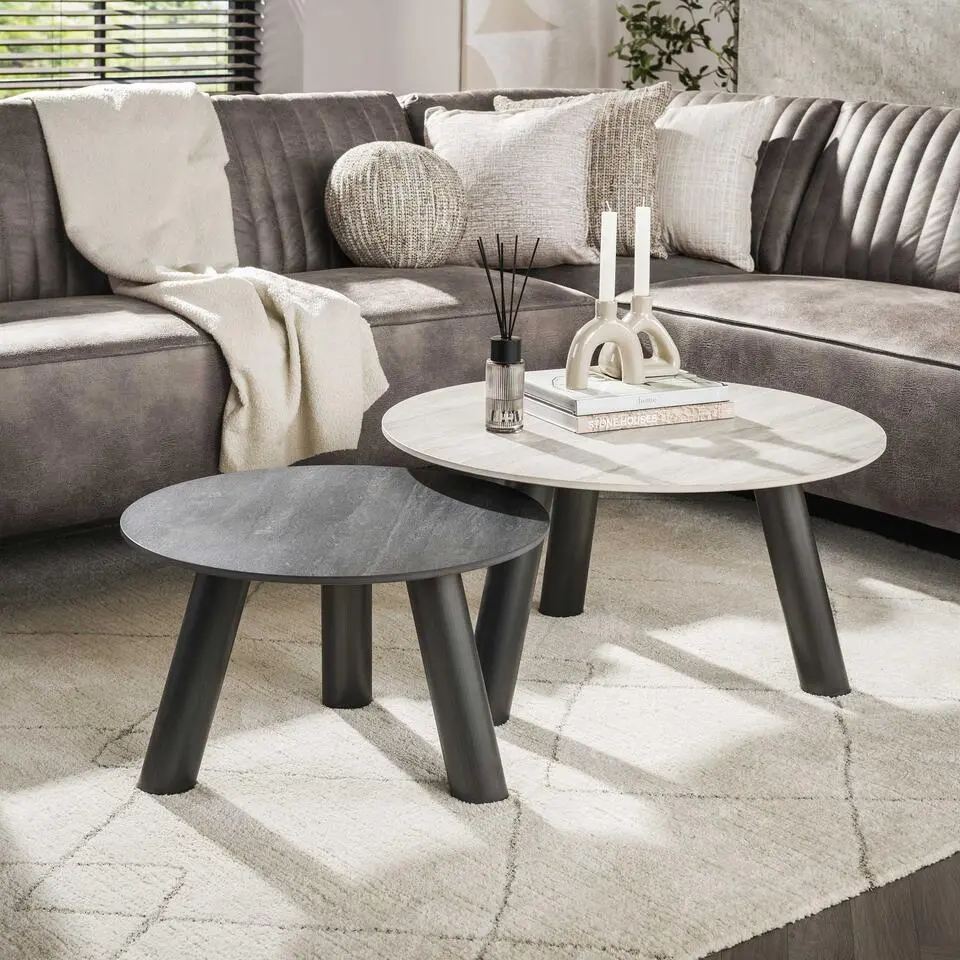 Hoyz Collection - Salontafel Twin Rond Set Van 2 - Keramiek Travertin Grijs