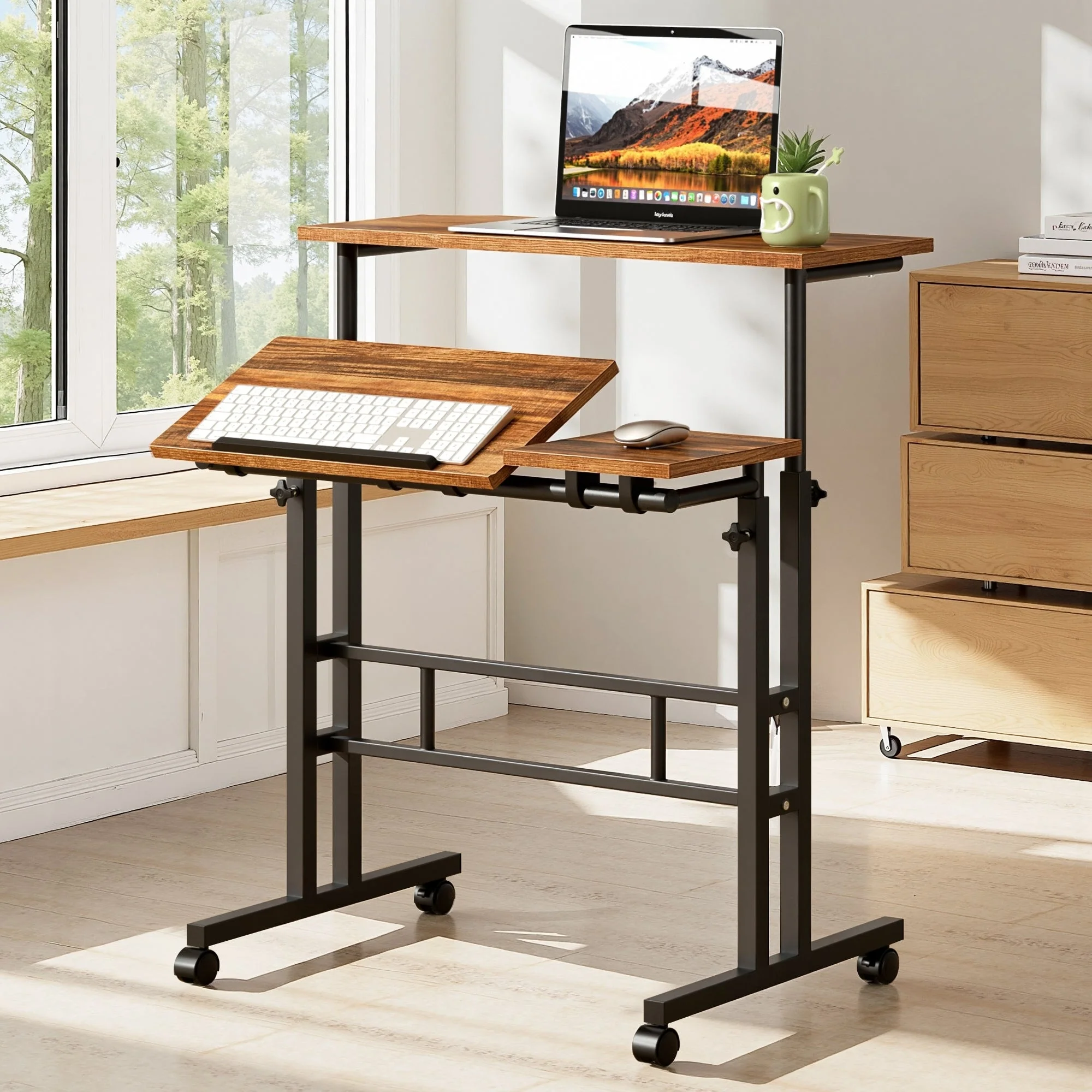 Small Standing Desk Adjustable Height, Mobile Stand Up Desk with Wheels, 49.5 Inch Portable Rolling Desks