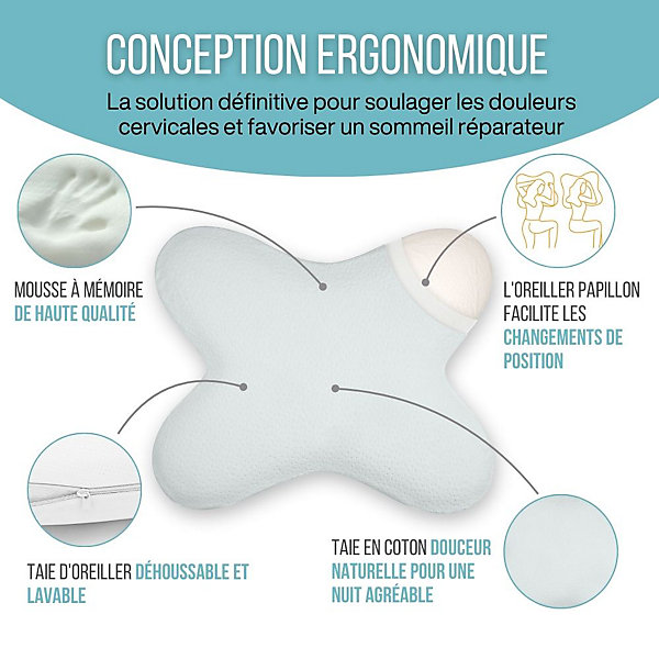 Oreiller papillon plat mémoire de forme, profil bas 10 cm, multiposition, taie coton, 56x46 cm