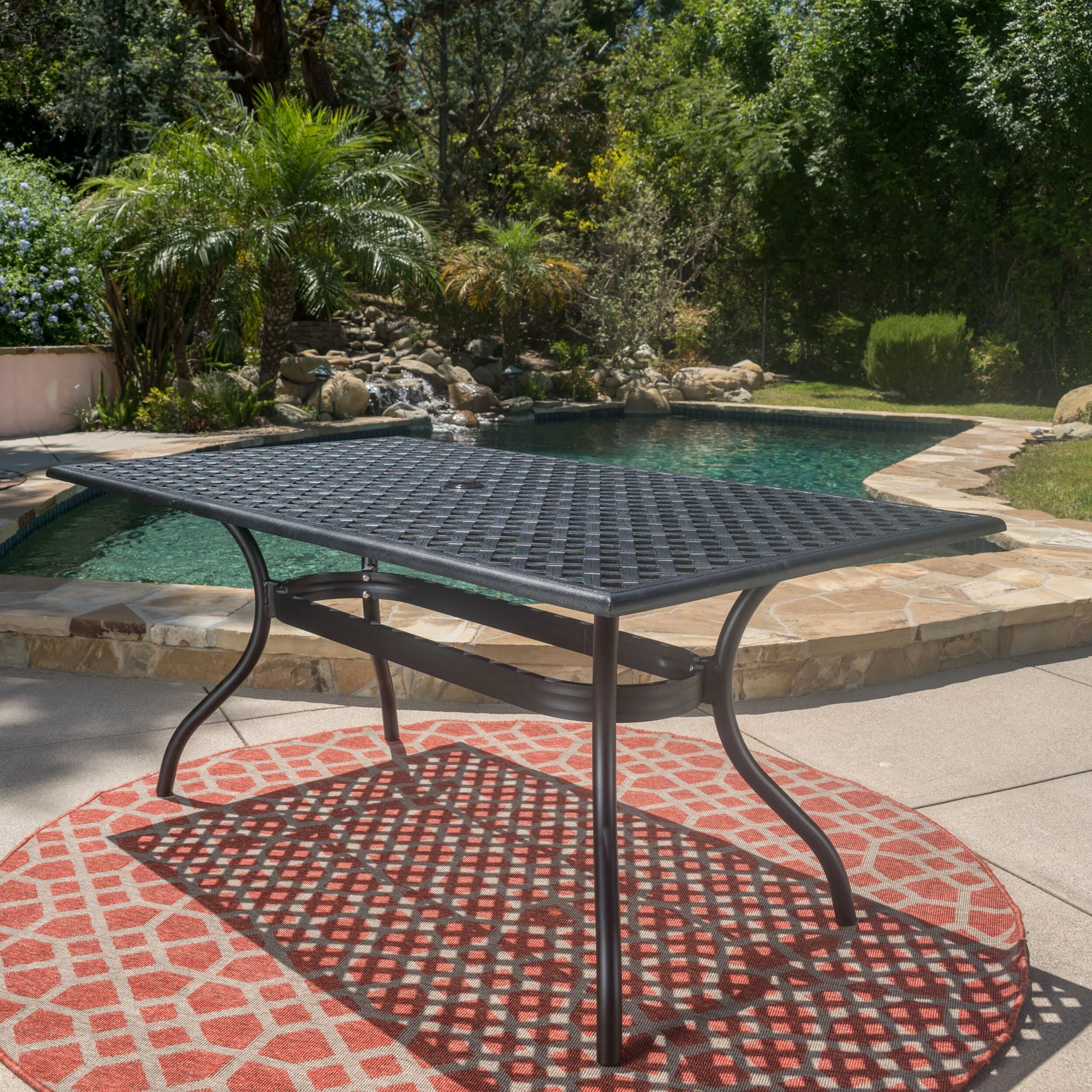 Roomfitters Rectangular Outdoor Dining Table with Lattice Design and Curved Legs, Rust-Resistant Cast Aluminum, Black
