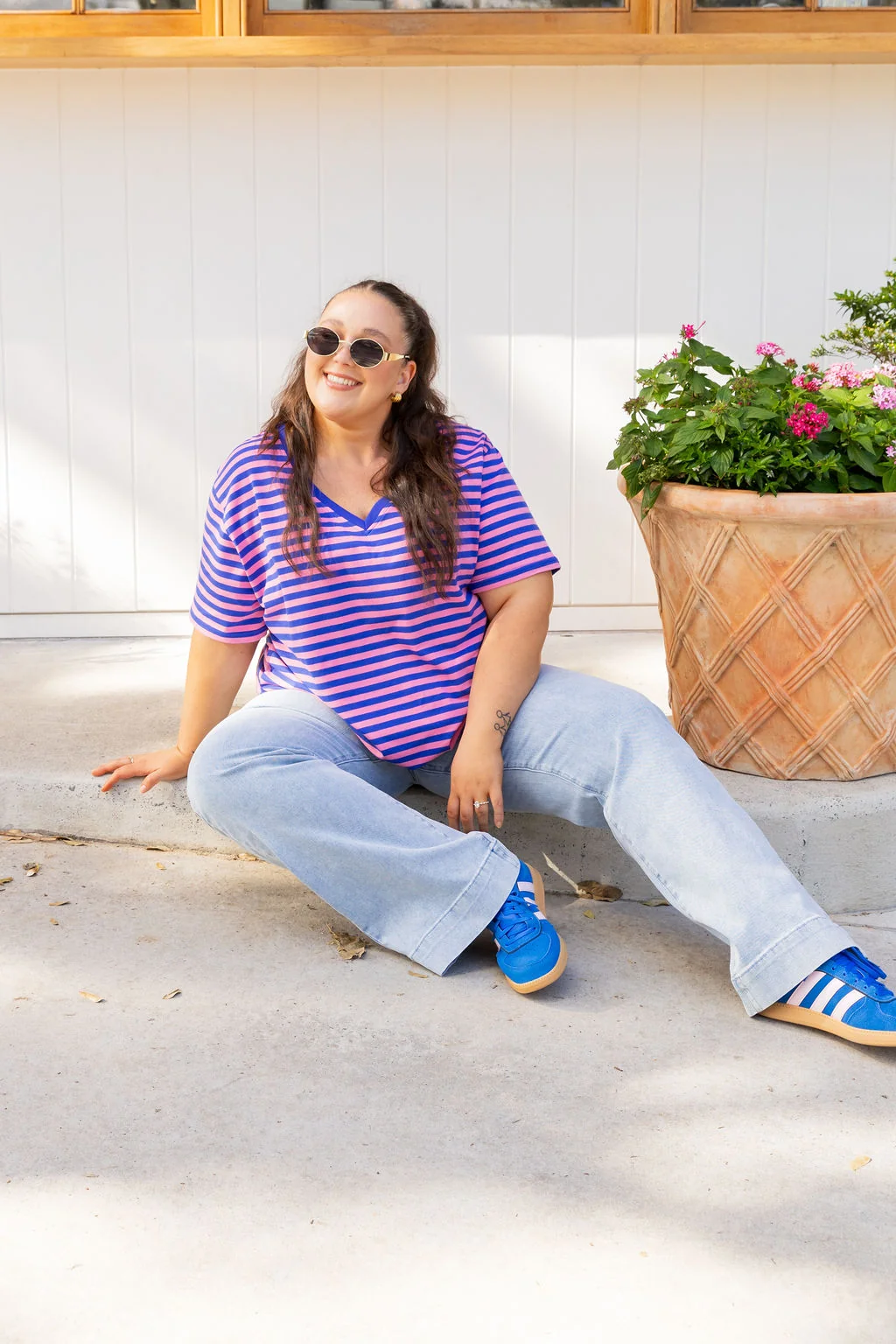 Striped V-Neck Tee in Pink/Cobalt