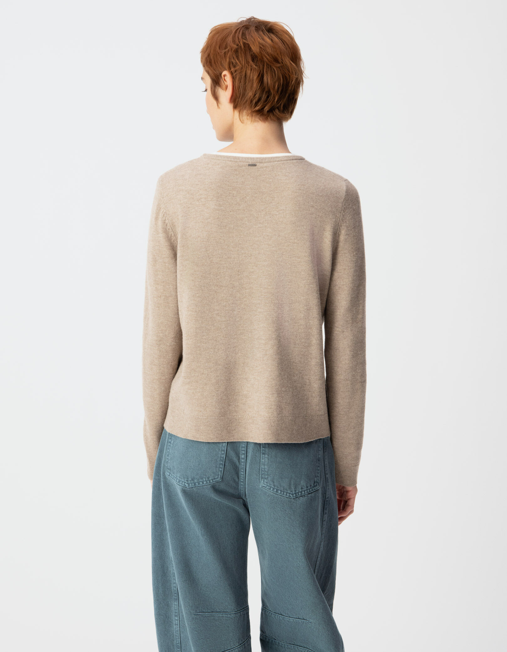 Pull laine beige tricot col trompe-l'oeil Femme