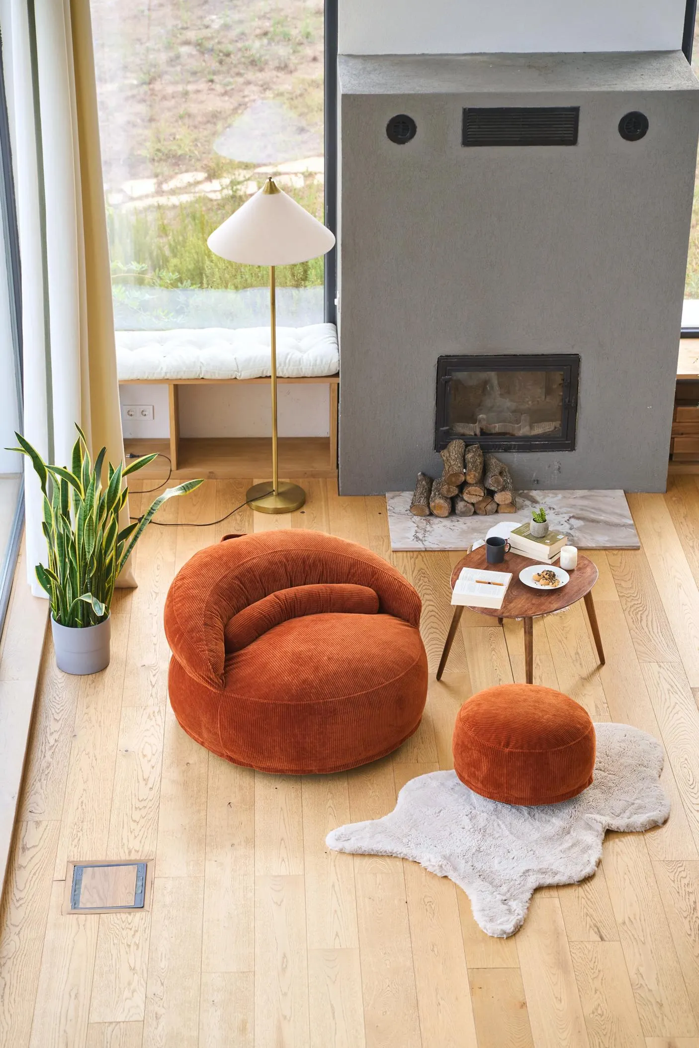 Corduroy Floor Lounge Chair Set with Ottoman, Adult Bean Bag Sofa, Frameless Gaming Seat