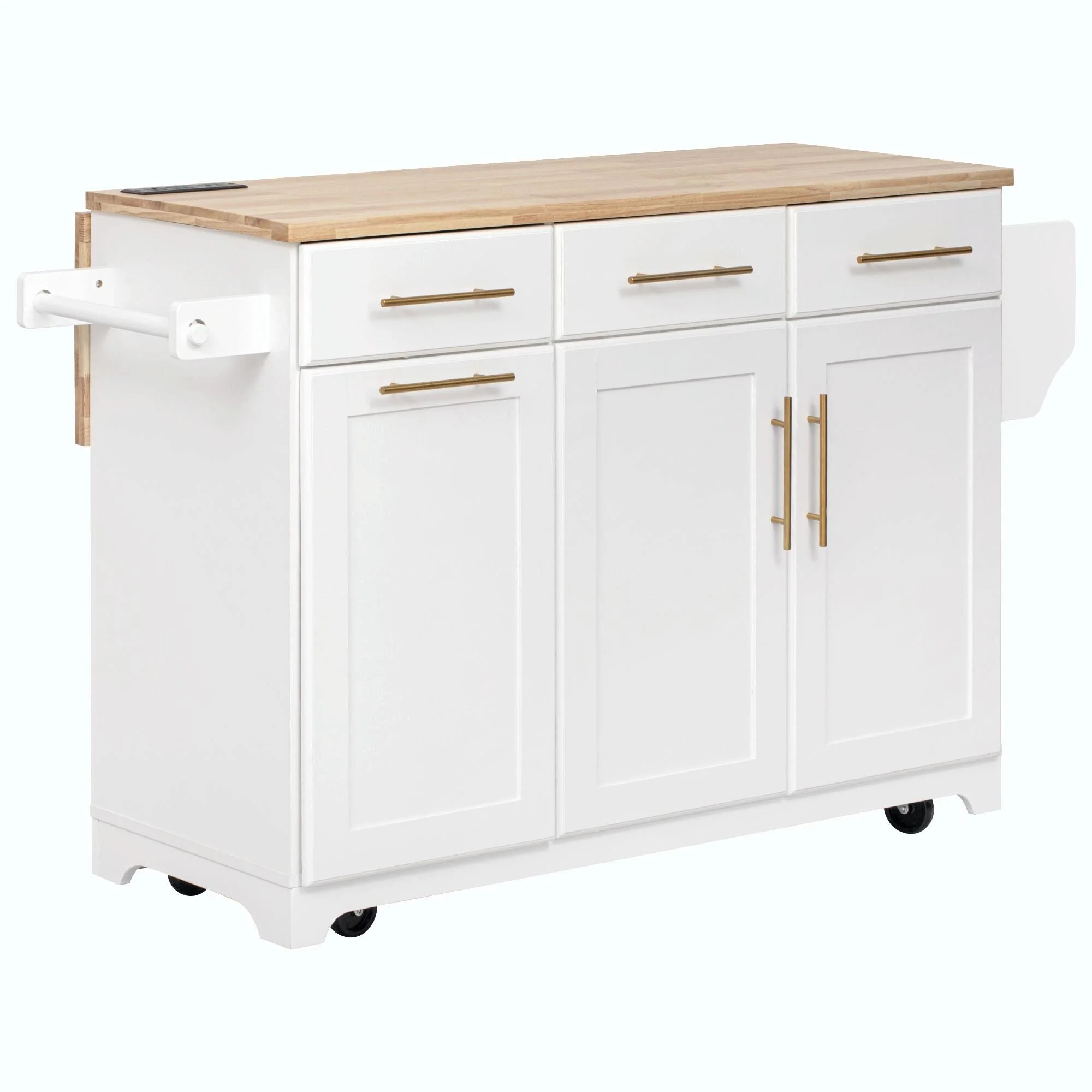 59.3 Kitchen Island with Storage, 2 Pull-Out Cabinet Organizers & Rubber Wood Drop Leaf