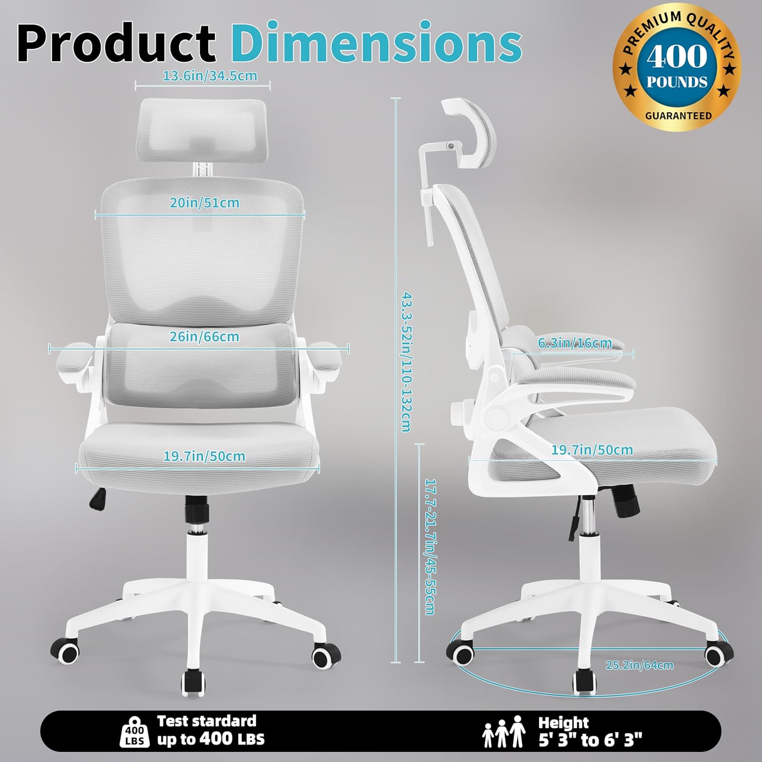 Ergonomic Office Chair,Mesh Office Chair with Lumbar Support,High Back Desk Chair with Flip-up Arms,400 lbs Big and Tall Computer Chair with Headrest,Comfy Desk Chairs (Light Grey)