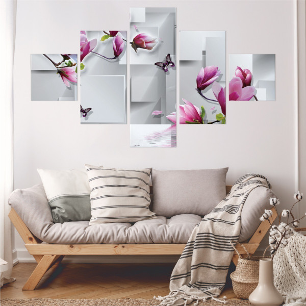 Obraz Wieloczęściowy Abstrakcyjne Kwiaty Motyle 150x90cm