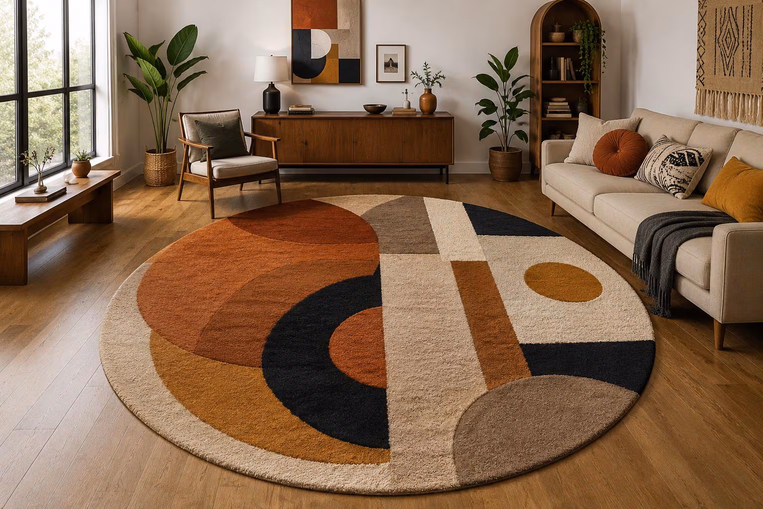 Round Hand Tufted Wool Rug, Abstract Geometric Area Rug, Mid Century Modern Living Room Carpet, Boho Organic Modern Round Rug, Earthy Decor