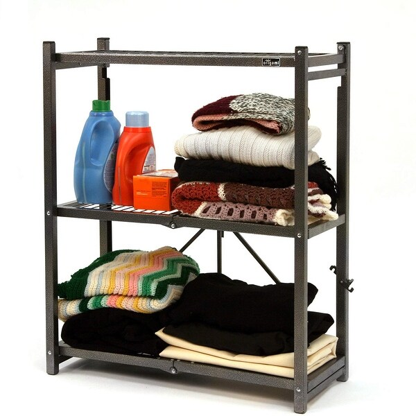 Origami R3 Foldable 3-Tiered Shelf Storage Rack & Wheels, Pewter (2 Pack) - 18.7