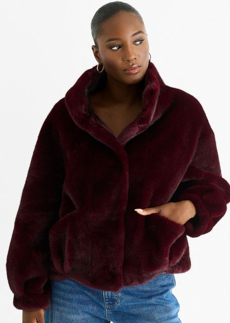 Gini London Angora Red Funnel Neck Button Up Faux Fur Jacket