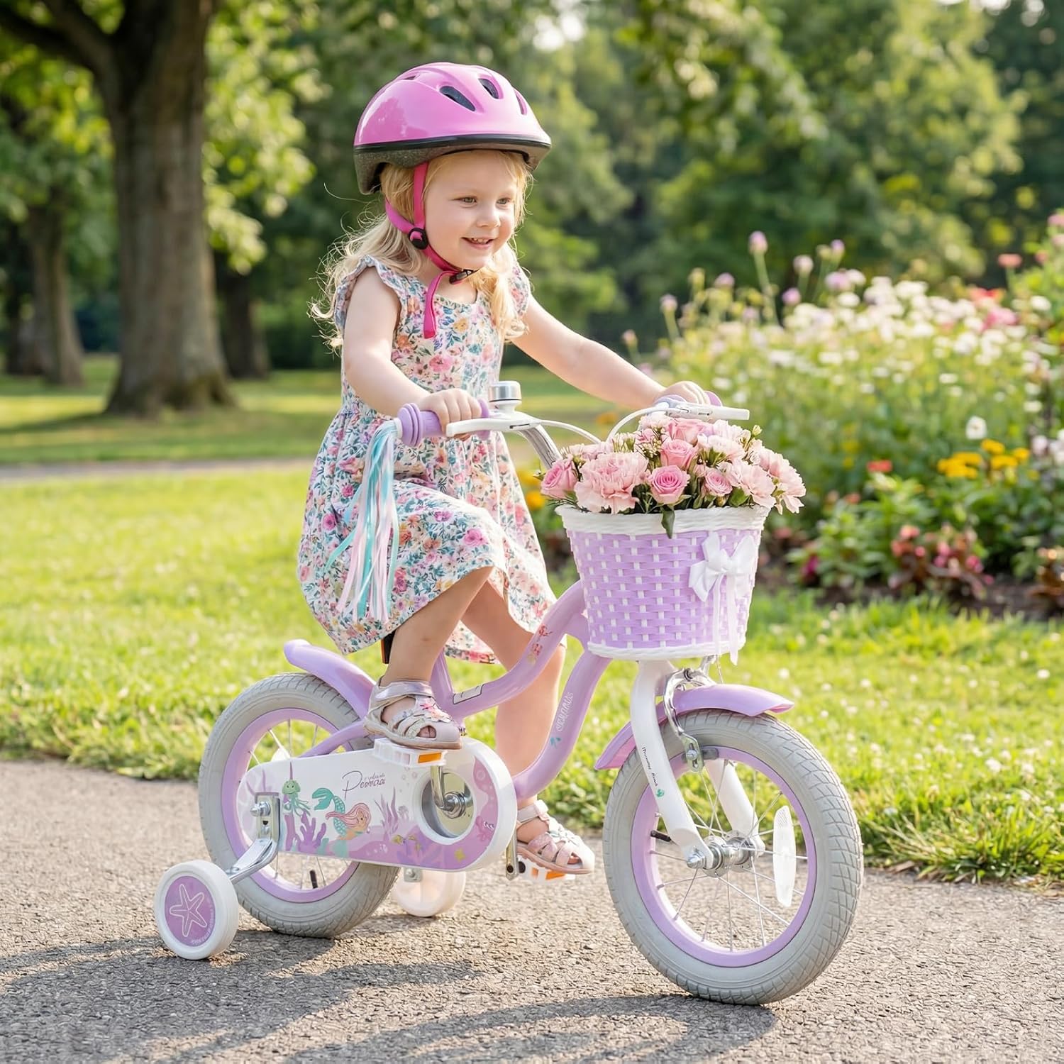 Olakids Kids Bike, 12 14 16 18 20 Inch Mermaid Theme Girls Bicycle with Training Wheels Basket Adjustable Seat and Handlebar Dual Brake