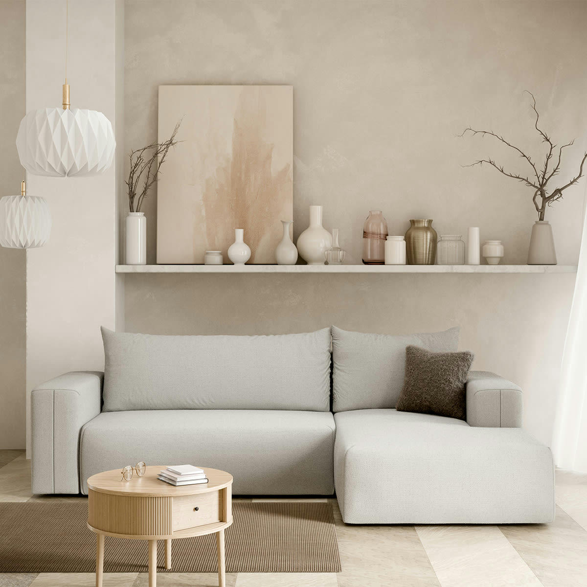 - Canapé d'angle convertible droite 3 places coffre gris