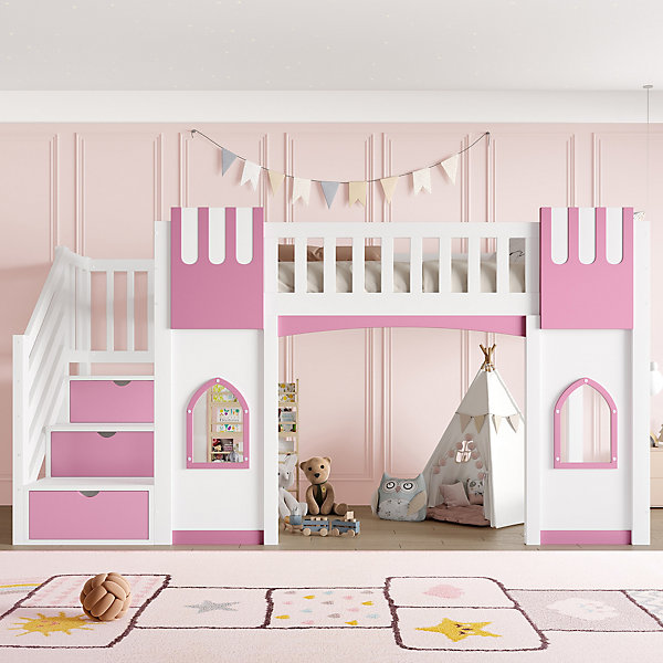 Lit Mezzanine 90x200 cm avec Rangement Intégré et échelle Sécurisée - 2 Fenêtres MDF   Kiefer - Sans Matelas, Blanc et Rose