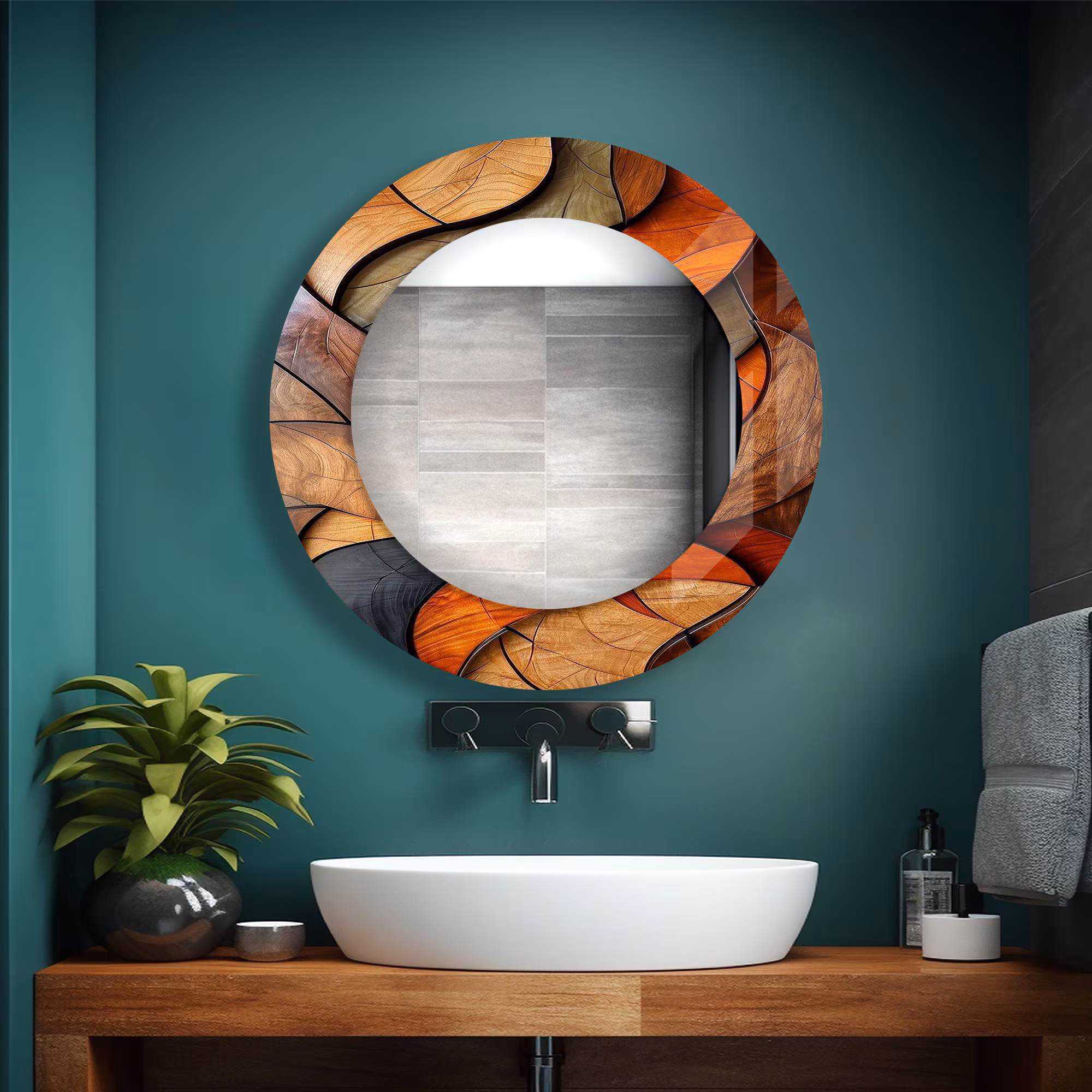 Wood Theme Round Wall Mirror: Tempered Glass, Steel Hangers