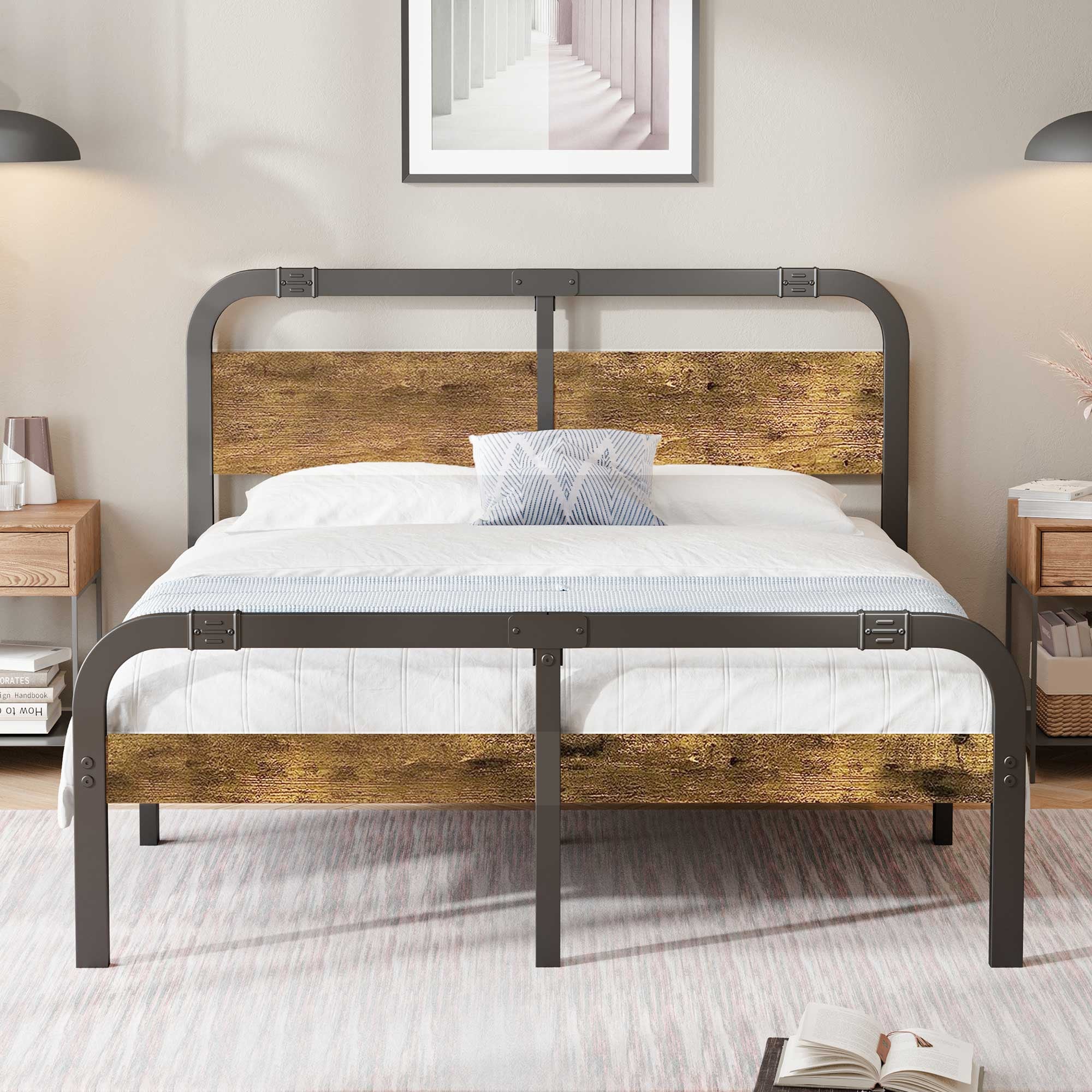 Industrial Platform Bed with Strong Metal Support, Wooden Headboard and Footboard