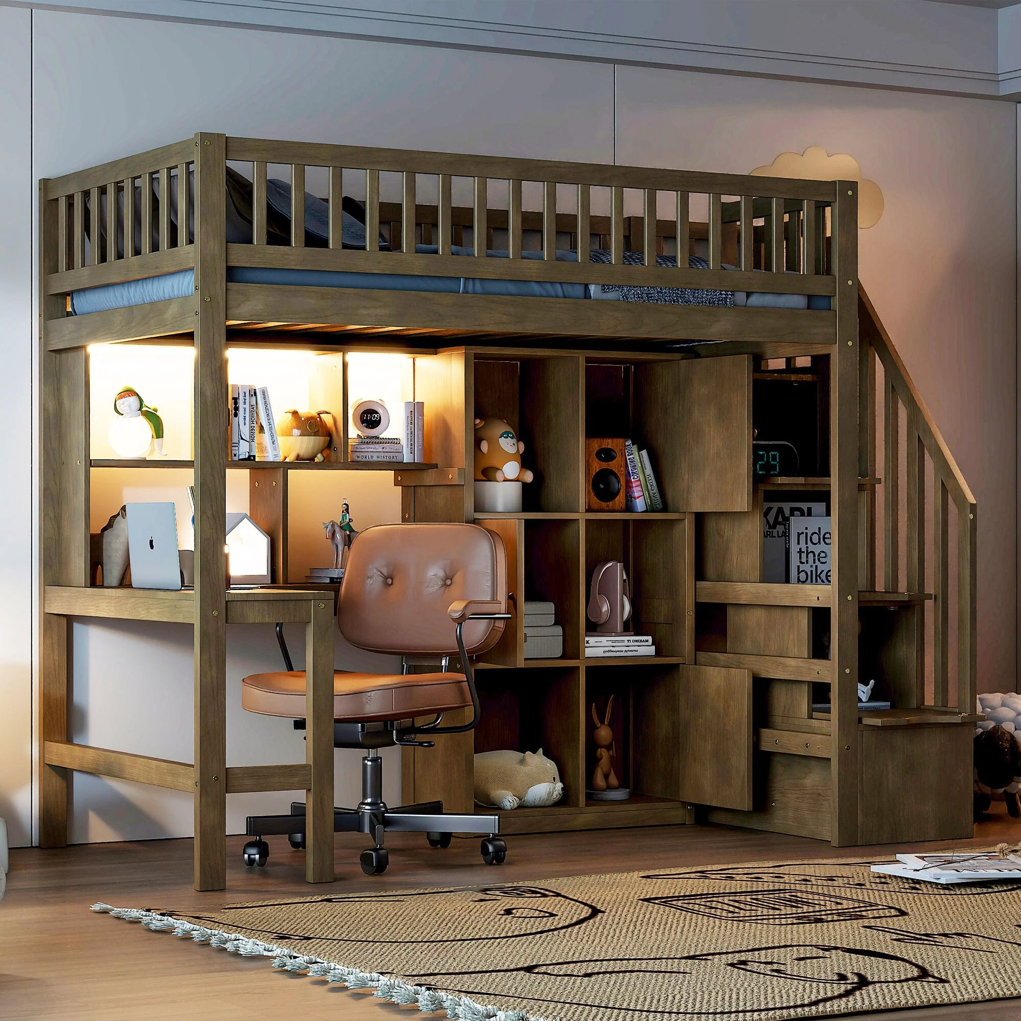 Wood Twin Size Loft Bed with Built-in Desk, LED, Storage Shelves, Cabinets and Staircase