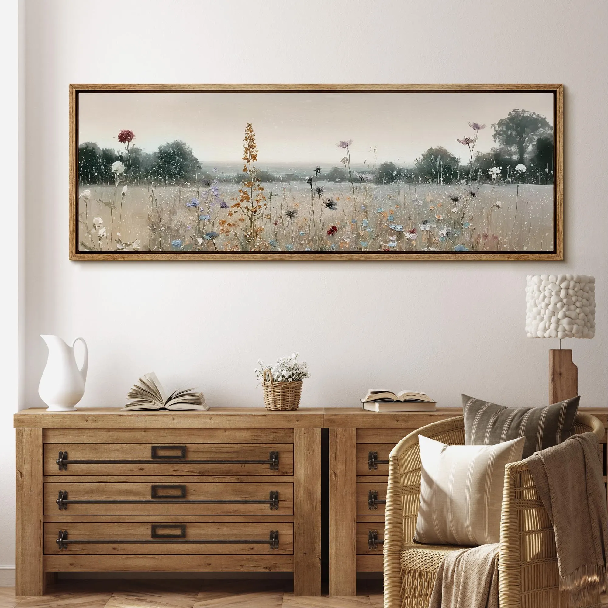 Wildflower Meadow Wall Art, Large Framed Soft Impressionist Field Canvas Print, Nature Landscape for Cottagecore or Modern Farmhouse Decor
