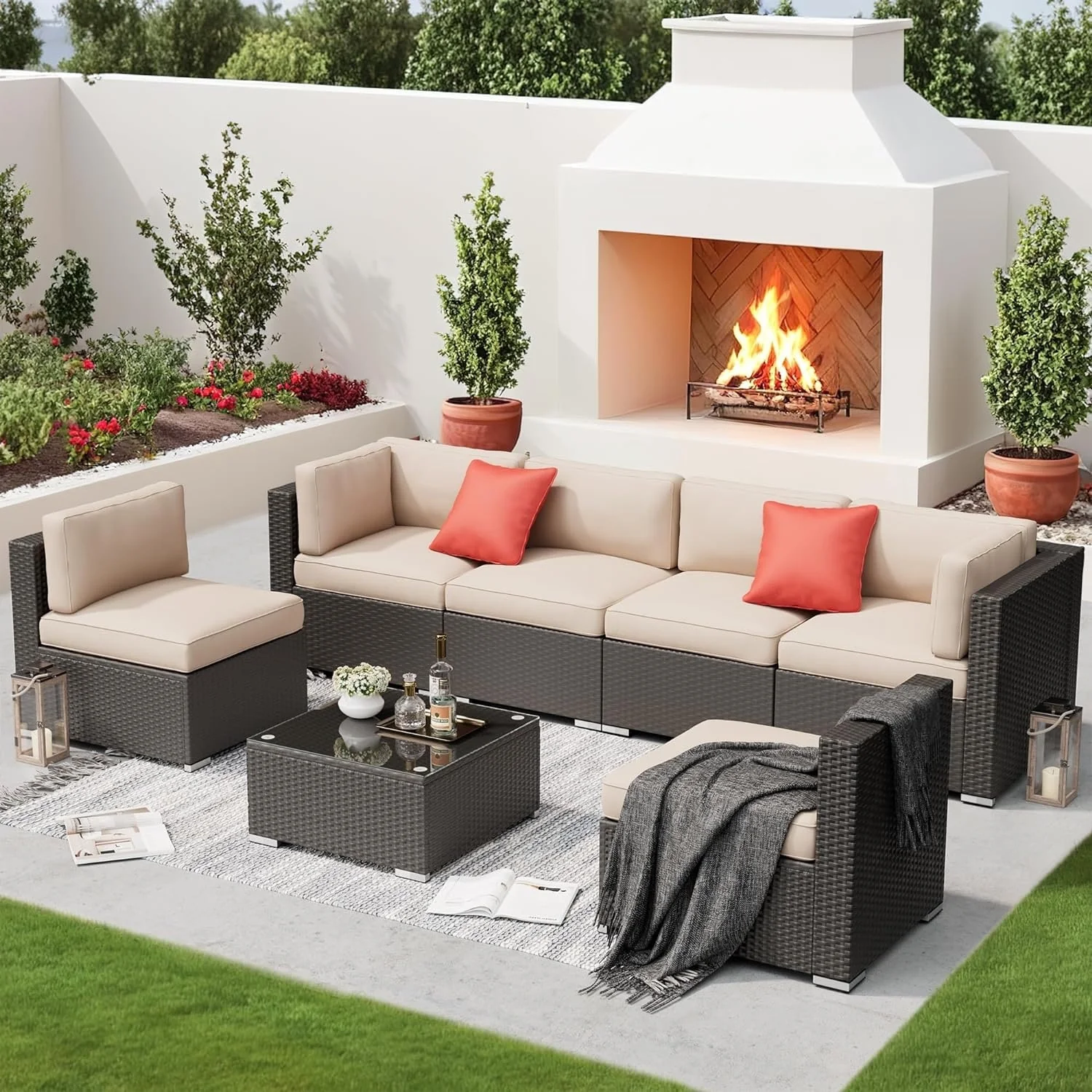 7-piece Outdoor Patio Black Wicker Rattan Cushioned Sectional Sofa Conversation Set by Havenside Home