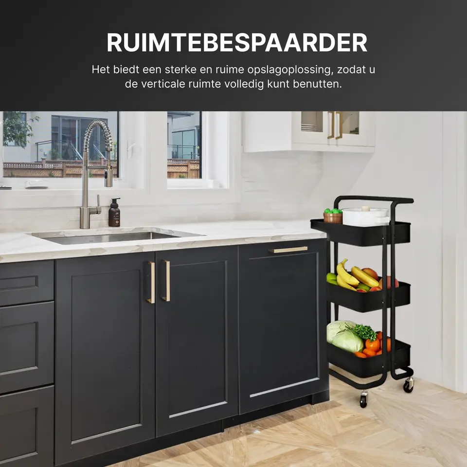 O'DADDY Keukentrolley - Zwart - 3 Lagen - 3 Manden - Verrijdbaar