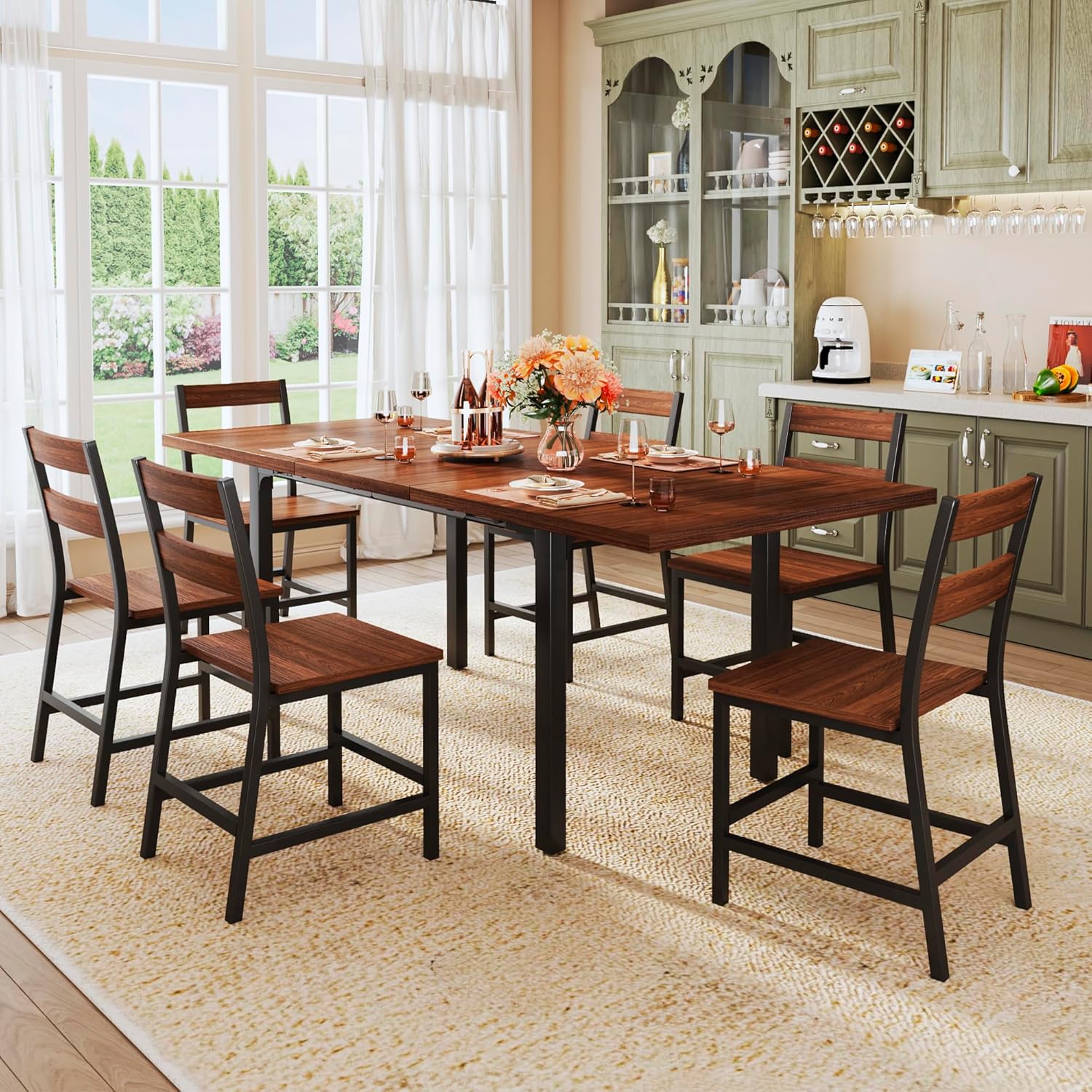7-Piece Dining Table Set for 4-6, 63 Large Extendable Kitchen Table Set with 6 Chairs, Curved Backrest, Dining Room Table with Solid Metal Frame & MDF Board, Easy Assembly, Walnut