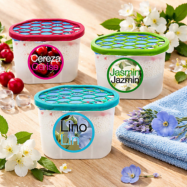 Lot de 3 déshumidificateurs absorbeurs d'Humidité parfumés, Lin,Cerise et jasmin (1 lin, 1 cerise , 1 jasmin), capacité 650 ml