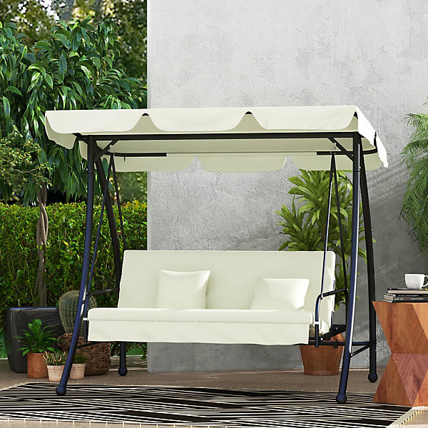 Balançoire de jardin 3 places 2-en-1 avec fonction lit, banc convertible avec toit pare-soleil réglable, 200 x 125 x 170 cm, beige