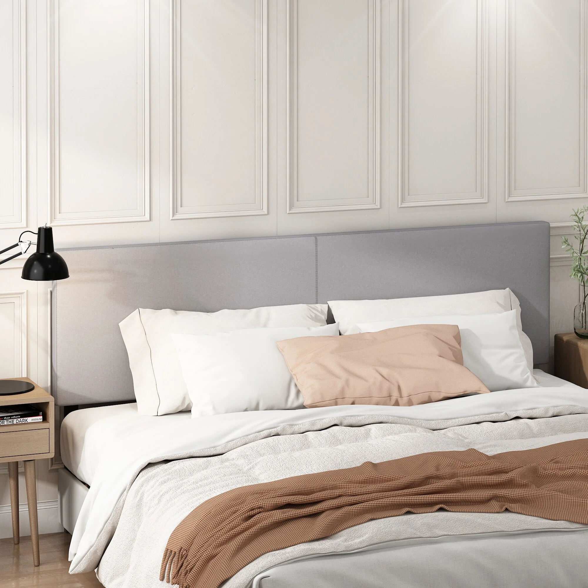 Furinno Roanne Upholstered Headboard, Light Grey, King