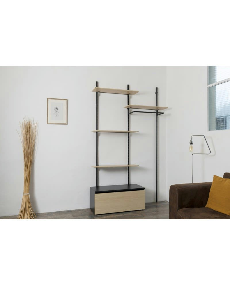 KALI - Dressing bibliothèque modulable  industriel  4 étagères + caisson bois