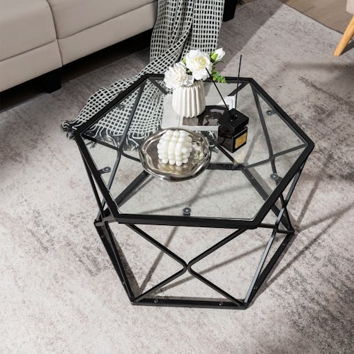 NNECW Geometric Coffee Table with Tempered Glass Top & Metal Legs