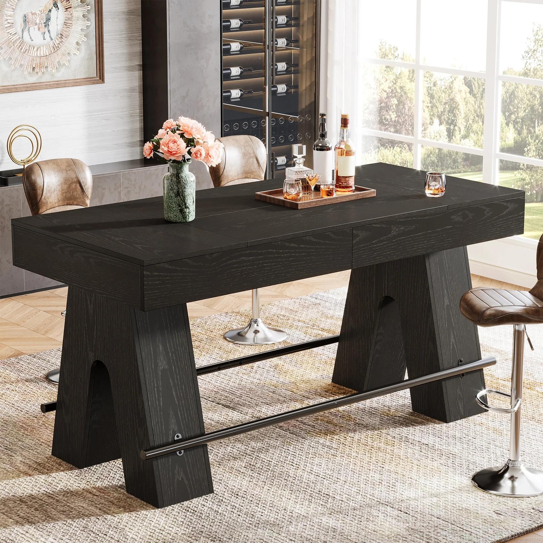 63-Inch Bar Table, Counter Height Pub Table with Metal Footrest for Home Bar, Kitchen