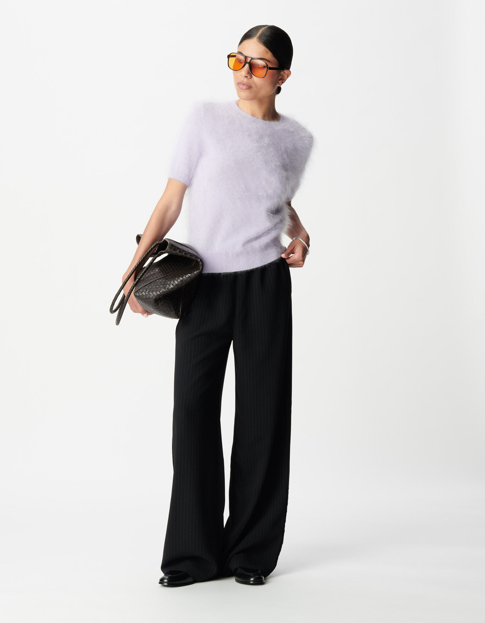 Pull col rond lilas tricot cachemire brossé Femme