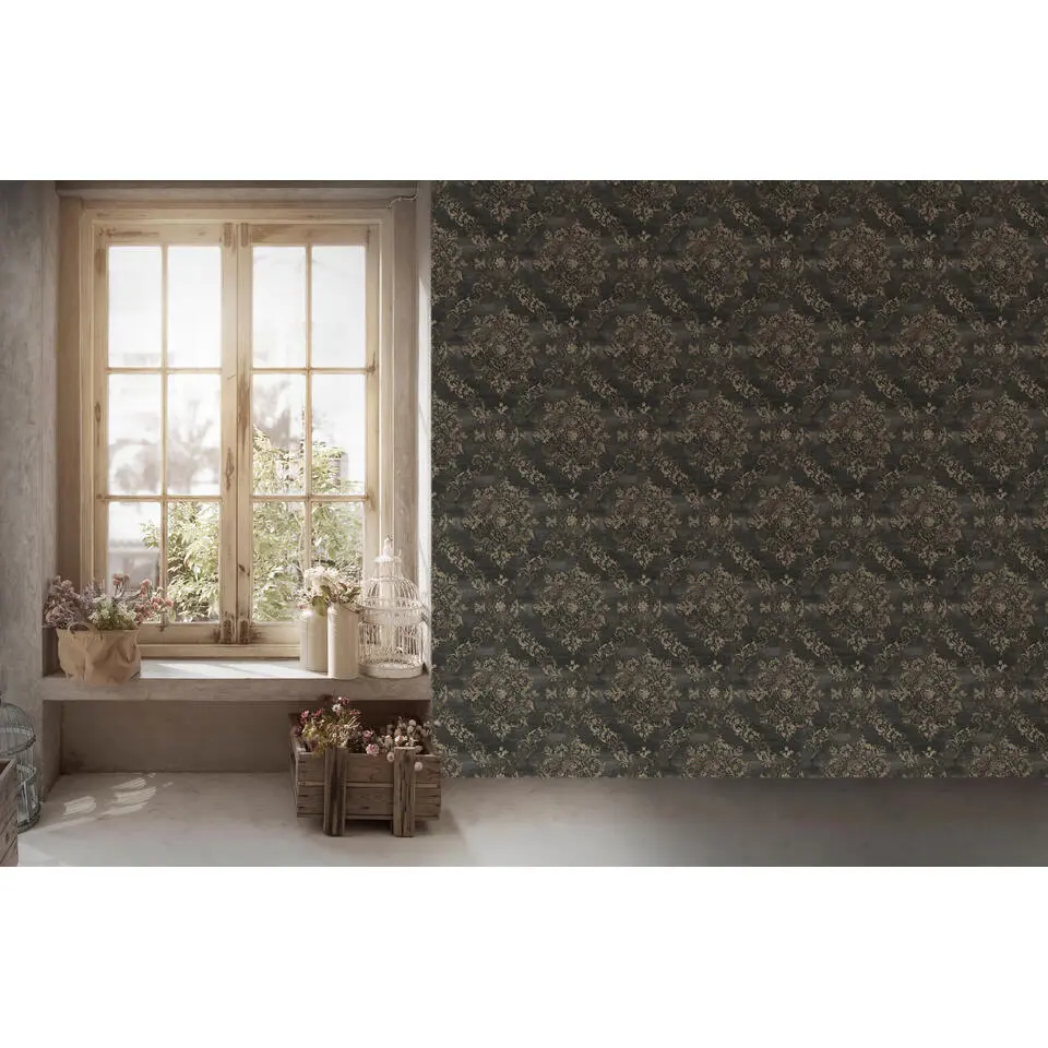 Livingwalls behang barokprint antraciet grijs en beige - 53 cm x 10.05 m