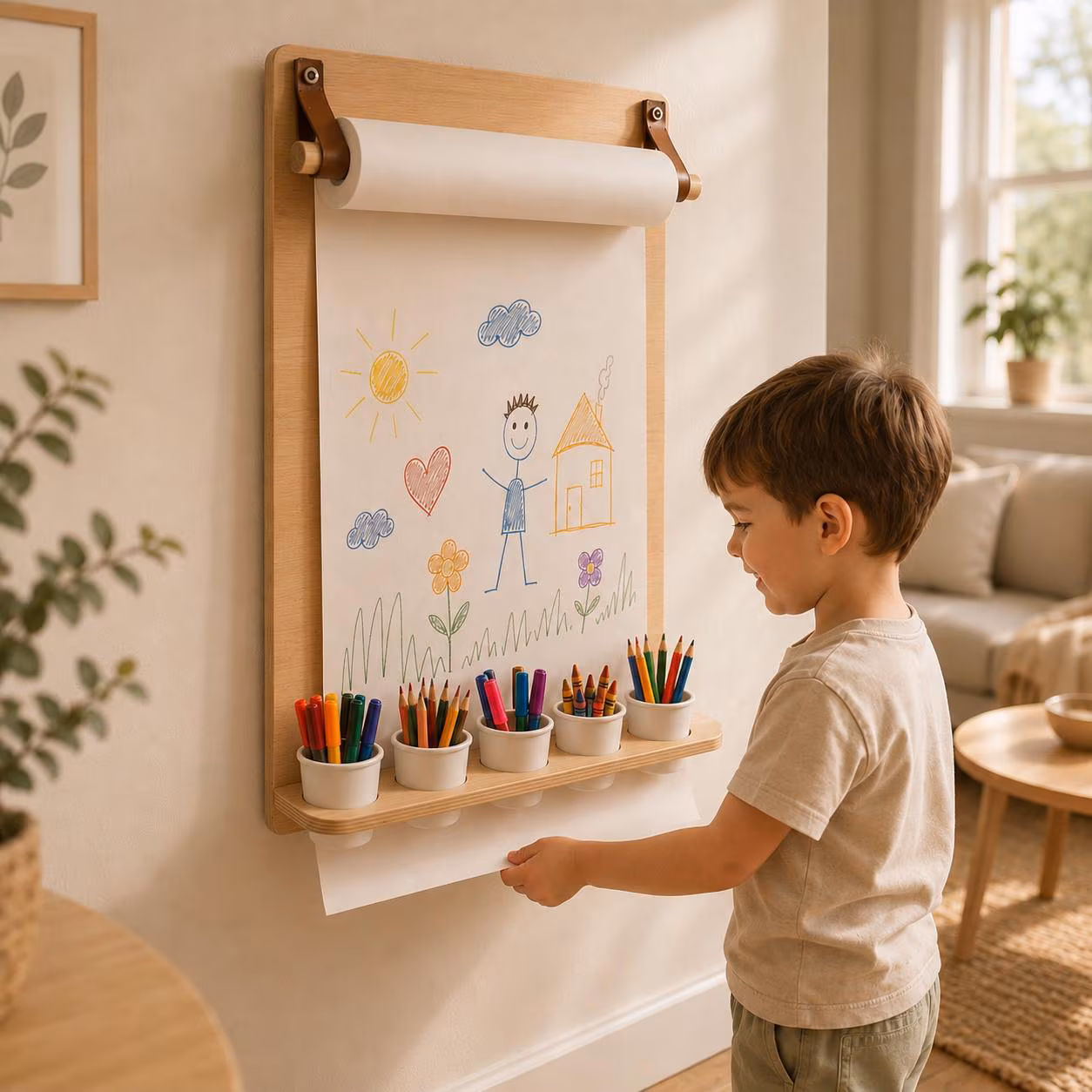 Wall Mounted Drawing Board for Children with Storage and Paper Dispenser