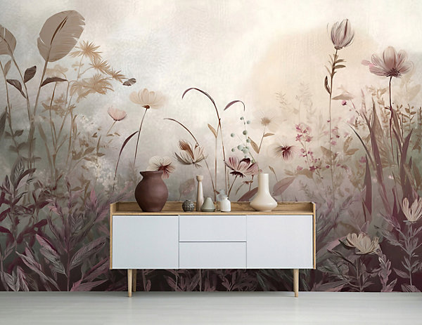 Papier Peint Panoramique Intissé Fleurs Prairie Beige - 400x280 cm - Papier Peint Chambre et salon