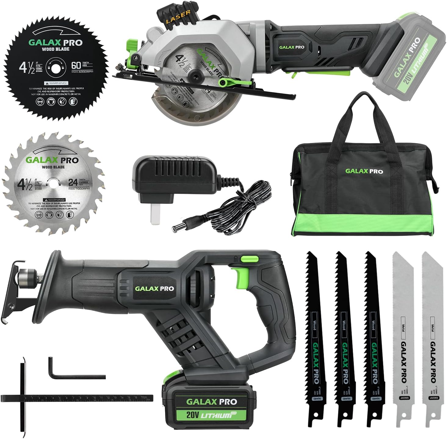 GALAX PRO Cordless Circular and Reciprocating Saw Combo Kit with 1pcs 4.0Ah Lithium Battery and One Charger, 7 Saw Blades and Tool Bag