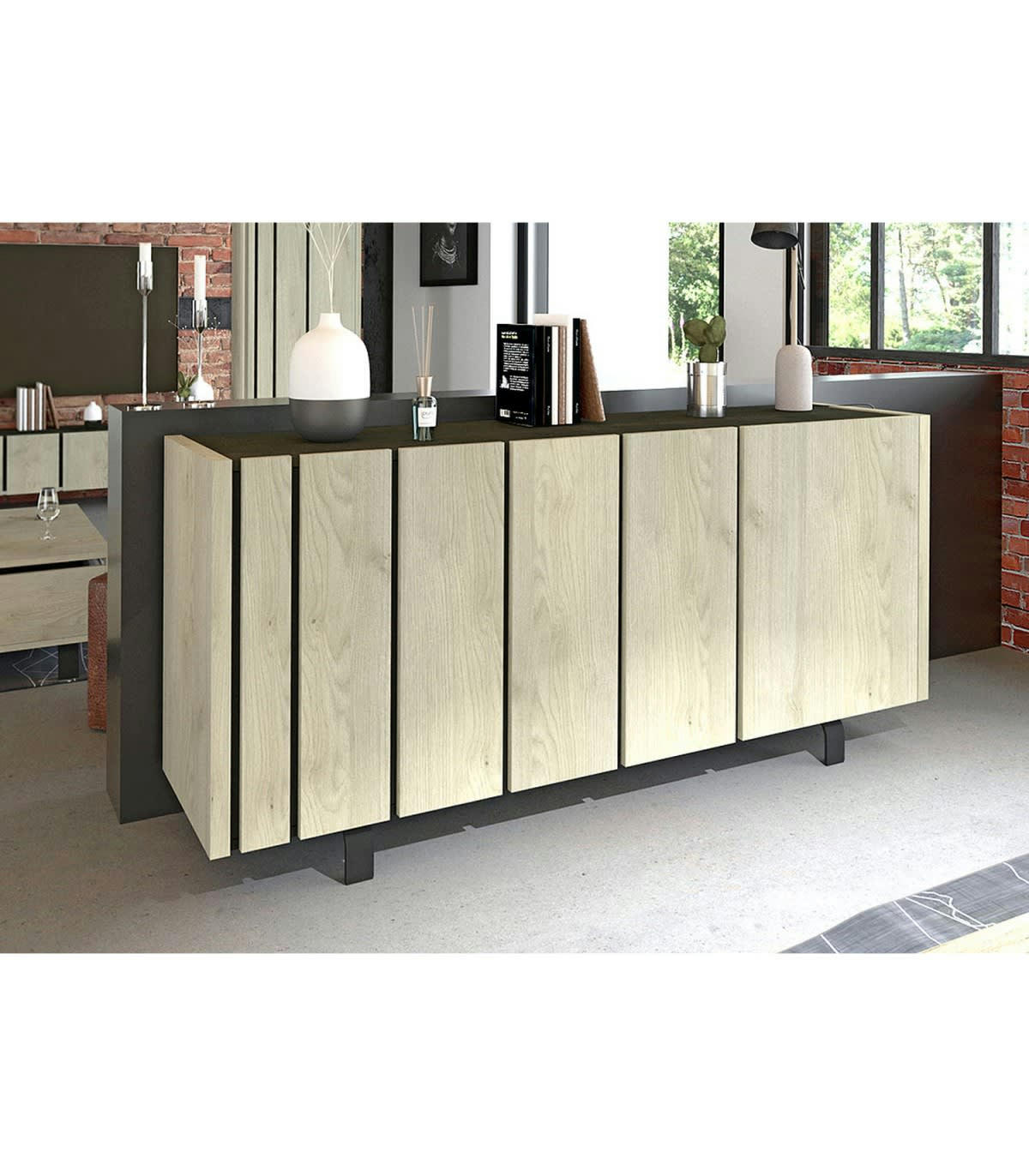 RUSH - Buffet 3 portes effet Chêne et plateau Noir