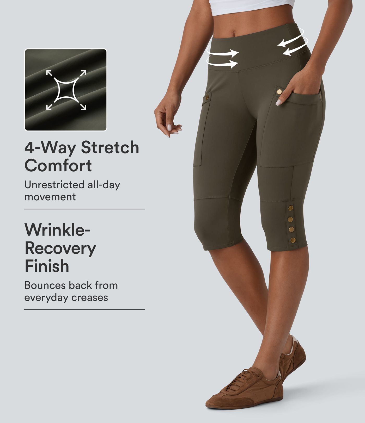 Pantalon pedal pusher ajusté gainant taille haute avec poches décoratives DayStretch