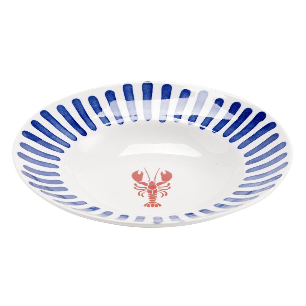 Assiette à pâtes porcelaine décor homard et traits bleus Ø26,5cm