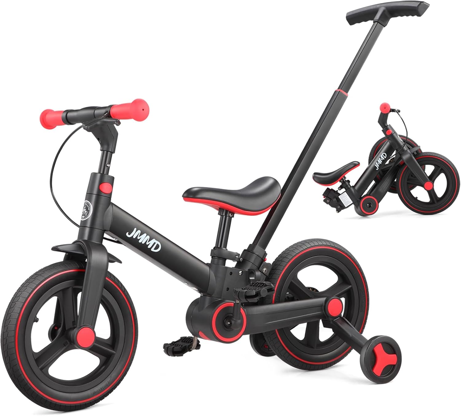 JMMD 6 in 1 Toddler Bike with Push Handle for Kids 18-60 Months, 12 Foldable Balance Bike with Training Wheels, Pedals, Brakes, Kickstand, Push Tricycle Toddler Gift & Toys for Boy & Girl