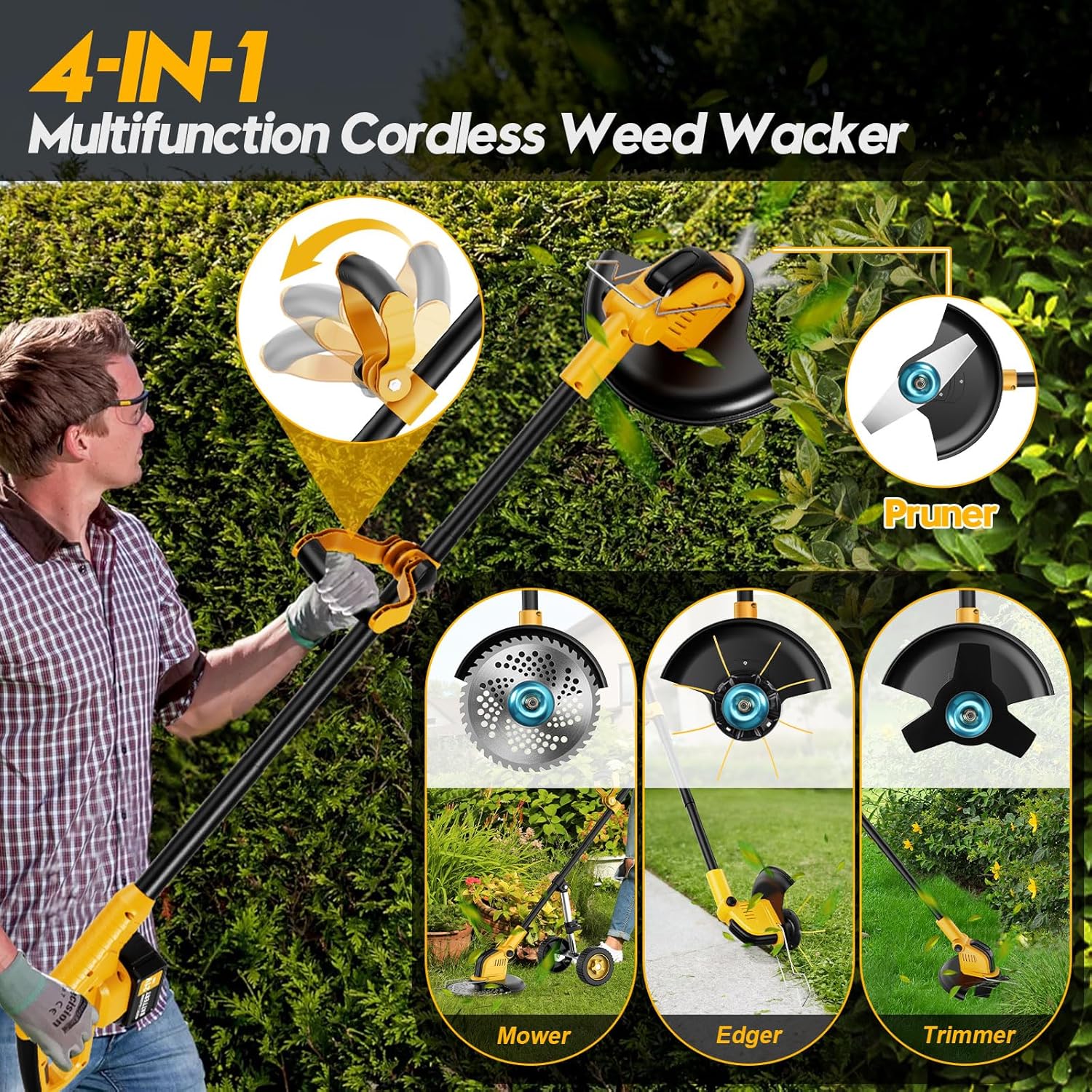 20000 RPM Brushless Electric Weed Wacker Cordless, 12'' Wheeled Weed Eater Battery Powered Brush Cutter, 4-in-1 Grass Trimmer Stringless Weed Trimmer Lawn Mower Edger W/Wheel Metal Blade Battery