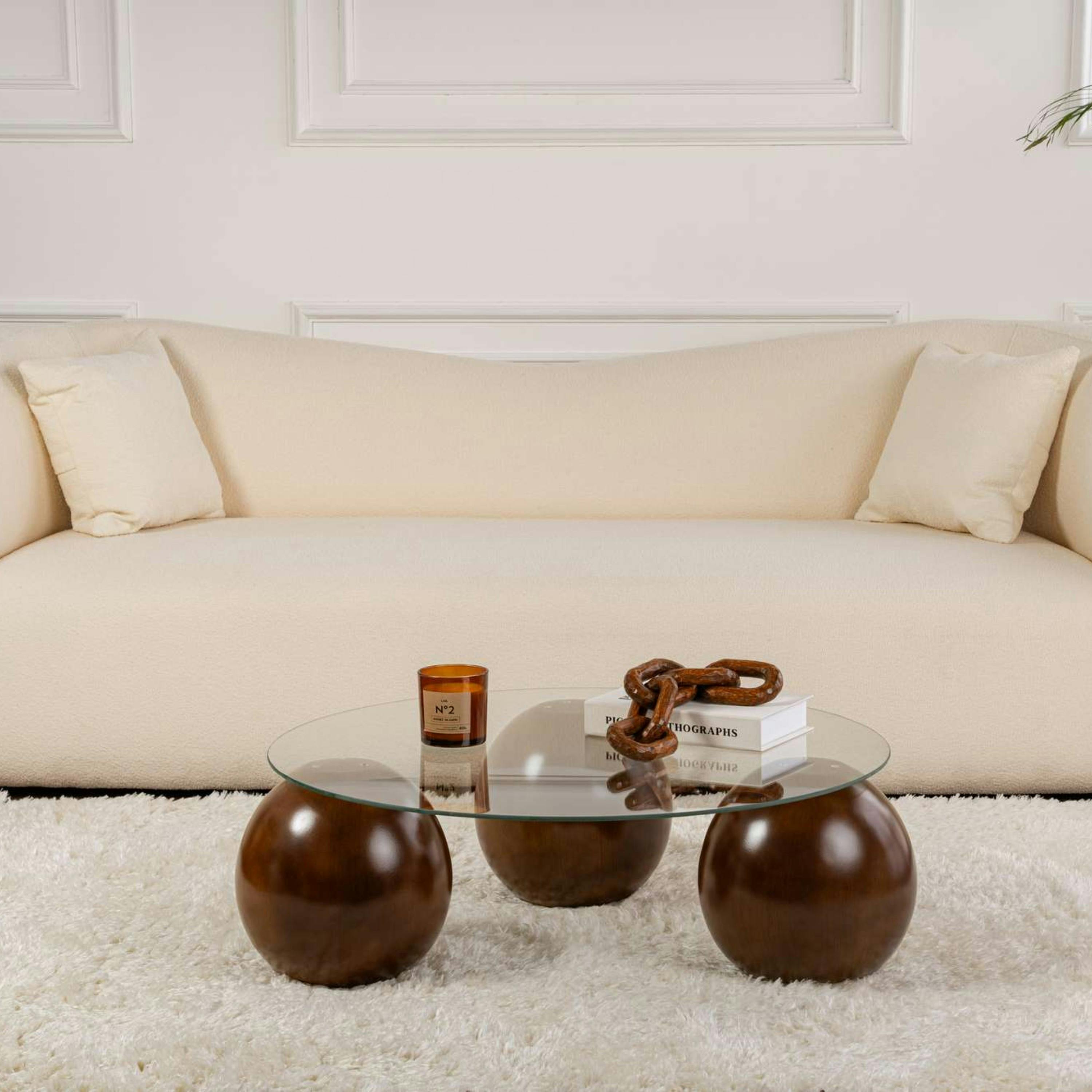 Table basse ronde en verre 3 pieds boule KOCHI