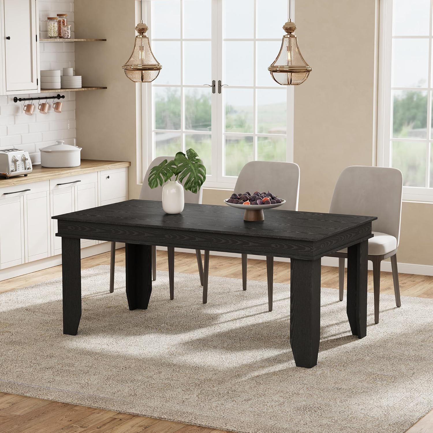 GarveeHome Farmhouse Dining Table for 6-8 People, 71 in Long Kitchen Tables with Wooden Sturdy Frame, 6 ft Large Rectangular Dinner Table for Dining Room, Kitchen, Black, 63 Non-extendable