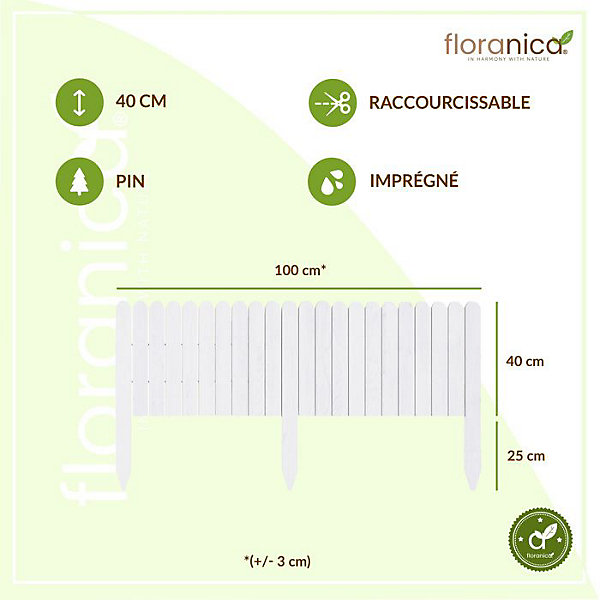 Floranica Bordure de Jardin en bois 40 x 100 cm Blanc Bordurette de Pelouse Bordure de Gazon avec piquets Bordure de parterre