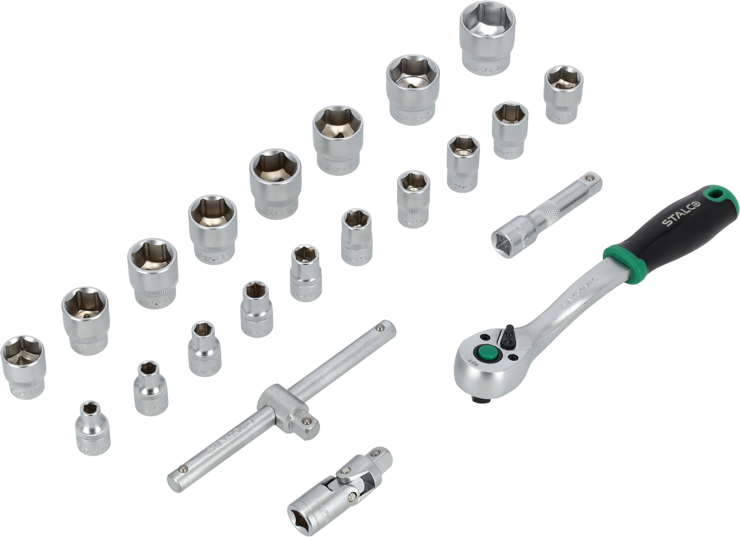 Zestaw kluczy nasadowych 3/8” 6-24mm 22elem. 90T CrV wkład EVA STALCO S026393890 STALCO S026393890