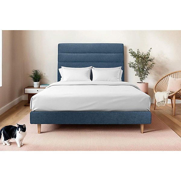 Lit avec tête de lit lignes tissu et sommier tapissier- Lit en bois massif