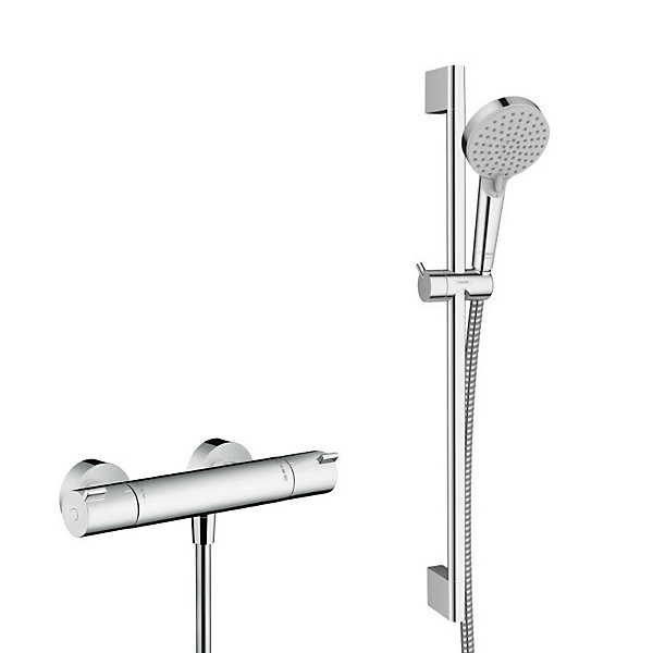 Hansgrohe Ecostat Set mitigeur thermostatique   Barre 65cm   Douchette 2 jets   Flexible, Chrome (13211000-Vernis)