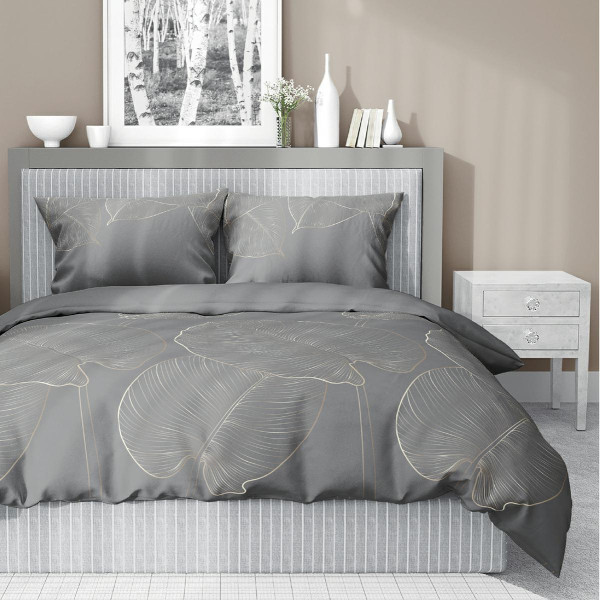 Pościel satynowa 220x200 grafitowa w duże liście – 4678 C – Botanica Satin
